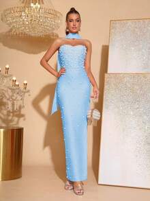 Elegant Pearl Decor Side Slit Strapless Bridesmaid Dress, Holiday Party Bandage Dress - Baby Blue - View 8