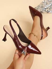 女士高跟鞋，春季新款尖头高跟鞋，性感黑色漆皮单带细高跟凉鞋，二合一鞋款，高跟鞋，时尚凉鞋 - 酒紅色 - 查看 3