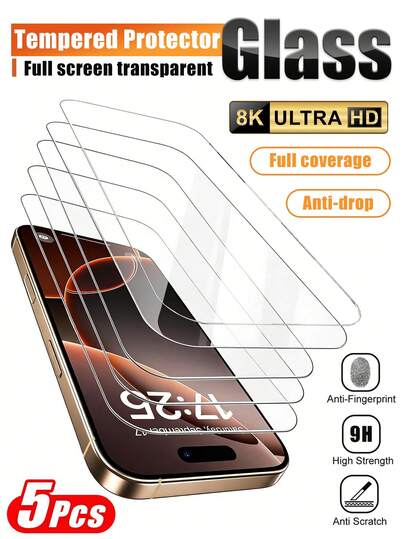 5pcs Tempered Glass Screen Protector For IPhone 16 Pro Max, 9H Hardness, Anti-Scratch, Bubble-Free Installation, Compatible With Phone Cases, Suitable For 17 Pro Max/17 Pro/17 Air/17e/16 Plus/16/16e/15 Pro Max/15 Pro/15 Plus/15/14/13/12/11, High-Definition Clear Screen Protector, Mobile Phone Accessories, Waterproof And Shockproof, Suitable For Daily Life And Office Use.