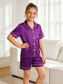 Ensemble de pyjama 2 pièces avec chemise à manches courtes et shorts violet pour préadolescentes - Multicolore - Voir 4