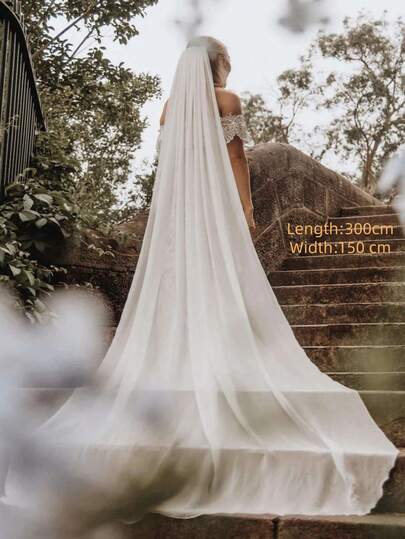 One Piece Long White & Off-White Trailing Chiffon Simple Solid-Color Bridal Wedding Veils