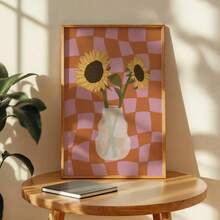 1pc Minimalist Aesthetic Sunflower In Vase Canvas Print, Frameless Warm Soft Tone Checkerboard Background Floral Wall Art Poster For Living Room Bedroom Kitchen Bathroom Office Home Decor, Perfect Gift For Him, Her And Flower Lovers - A - View 2