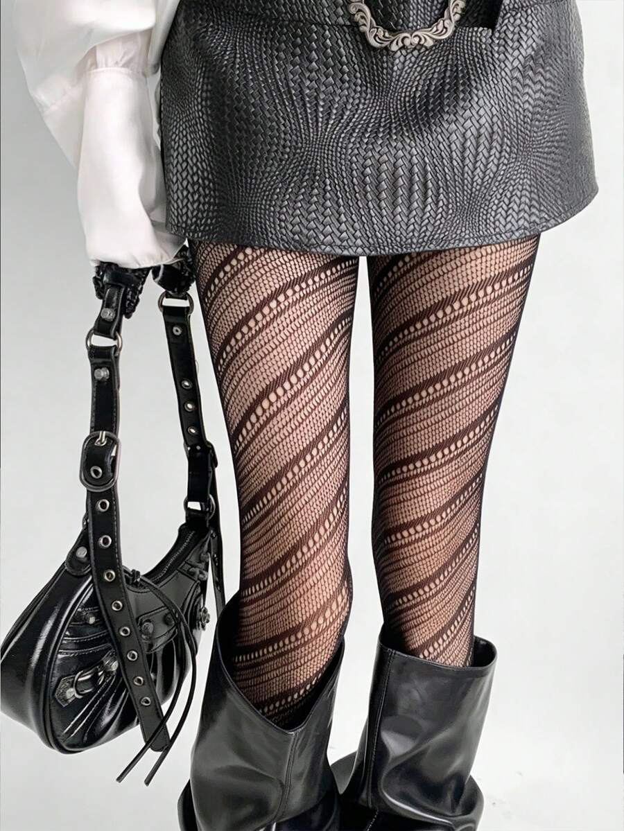 Quần tất lưới họa tiết sọc chéo lượn sóng phong cách Gothic Y2K dành cho nữ, quần tất lưới khoét lỗ màu đen gợi cảm, tất co giãn họa tiết hình học cho phong cách đường phố Punk, câu lạc bộ, tiệc tùng, Halloween, cosplay.