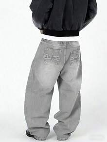 Men's Vintage Black Washed Denim Jeans, New High‑Street Curved‑Blade Design Loose Drapey Trousers For Autumn & Winter - Grey - View 2