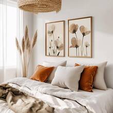 Neutral Floral Dining Room Wall Art Set Of 2, Modern Abstract Flower Poster Print, Minimal Beige Botanical Home Decor, No Frame - Flower - View 4