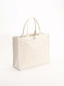 1pc Colorful Sequin & Mesh Patchwork Linen Tote Bag, Fashion Floral & Leaf Embroidery Design, Large Capacity Square Shoulder Bag, Casual Vacation Style Shopping Bag (Floral Pattern Randomly Distributed) - White - View 4