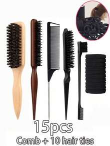 1-15件套梳子套装，男女通用猪鬃毛头发和胡须刷，专业美发梳，女孩发圈 - 多色 - 查看 22