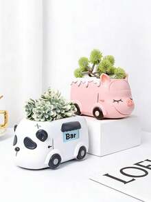 Cute Animal Bus Succulent Planter Resin Decor – Adorable Dog/Fox/Panda/Pig Cart Flower Pot For Desk, Bedroom & Garden. Perfect Kawaii Home Decor To Brighten Your Space, Great Gift For Plant Lovers & Kids! - 1pc - View 9