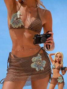 Bellisia 3pcs Textured Fabric Floral Print Bikini Set, Swimwear With Skirt, Spring/Summer Beach Vacation Beach Skirt Set Bikini Skirt Set Brown Two Pieces Set Women Brown Bikini Set Skirt Swimwear Set - 棕色 - 查看 9