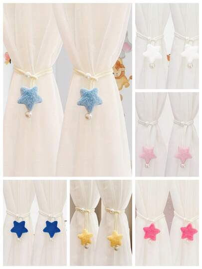 2条珍珠色绒面3D星形窗帘绑带，简约仿珍珠窗帘绑带，薄纱窗帘绳