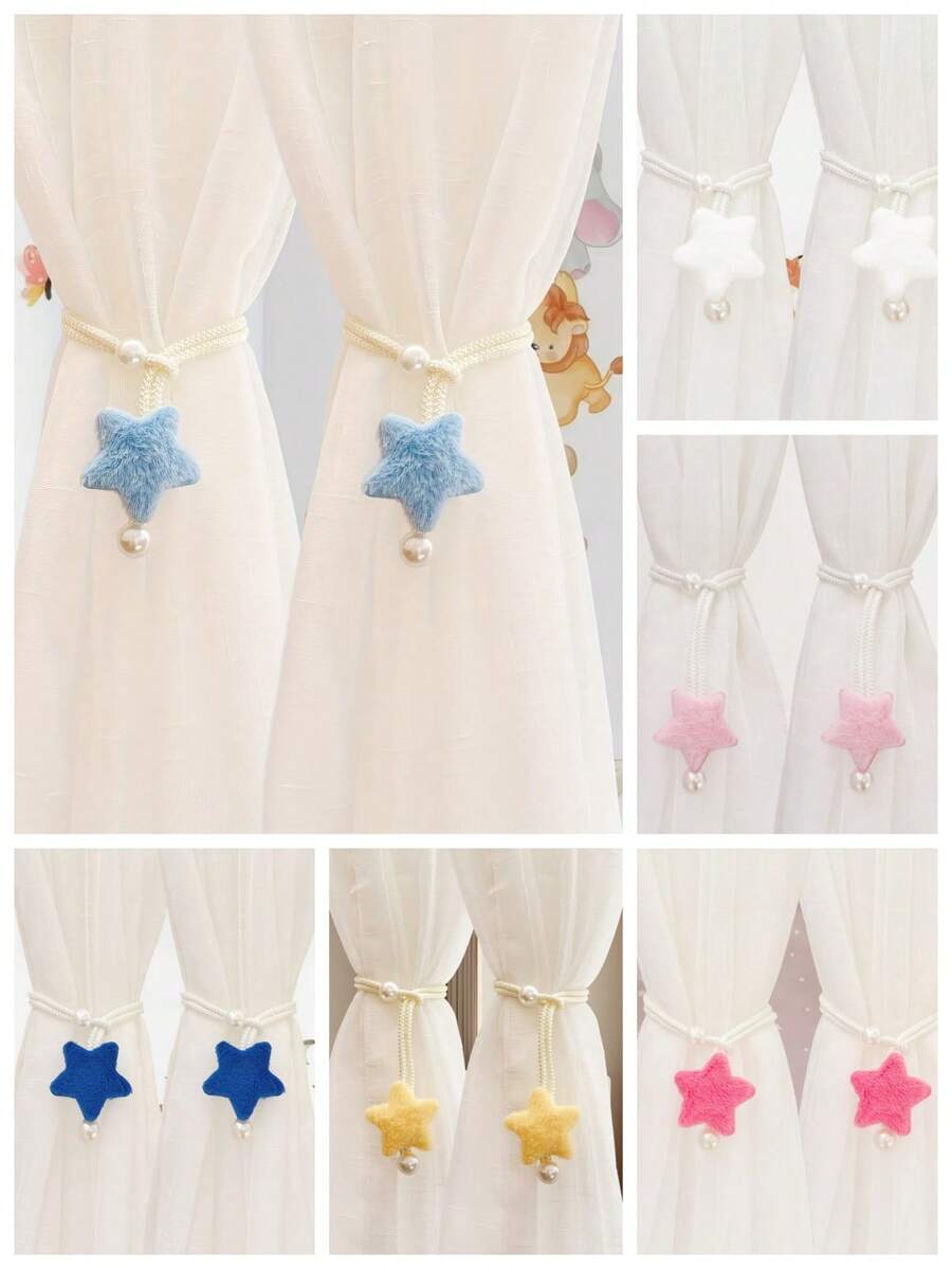 2条珍珠色绒面3D星形窗帘绑带，简约仿珍珠窗帘绑带，薄纱窗帘绳 - 彩色 - 查看 1