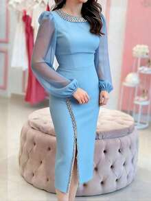 Đầm dạ hội màu xanh trong suốt, thanh lịch, xẻ tà cao, thích hợp cho kỳ nghỉ, đi biển, nhiều dịp, đính ngọc trai, hoàn hảo cho các hoạt động mùa xuân và mùa hè, chất liệu pha polyester, có thể giặt máy. - Màu xanh nhạt - Xem 4