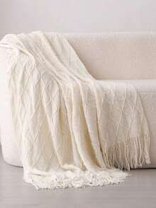 1 Diamond Grid Textured Knit Throw Blanket, Soft And Comfortable, Suitable For All Seasons, Suitable For Sofa, End Of Bed, Travel, Home Decor - Mixed Color Geometric Pattern, Acrylic Fabric - Diamond-shaped Scarf Beige - View 5