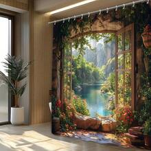 Flat Garden Room Shower Curtain, Made Of Polyester Fabric, Depicts A Lifelike Of A Sunlit Room With A French Door Leading To A Turquoise Lake, Making It A  Bathroom Decor. - 1 浴簾(71x71吋) - 查看 4