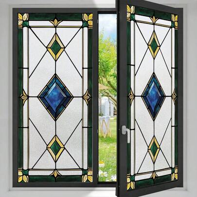 1/6pcsRetro Green Diamond-Patterned Floral Window Decal, Removable Privacy Film, Heat Insulation, Suitable For Bedrooms, Dining Rooms, Offices, Bathrooms, And Home Decor.