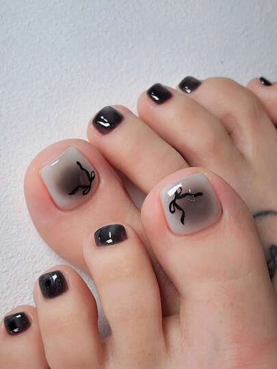 24pcs Grey Black Gradient Toe Press On Nails, Ballet Bow Fake Nails, Short Square ToeNails - Perfect For Summer Y2K Music Festival Daily Wear, With Jelly Glue And Nail File, DIY Nail Art Supplies