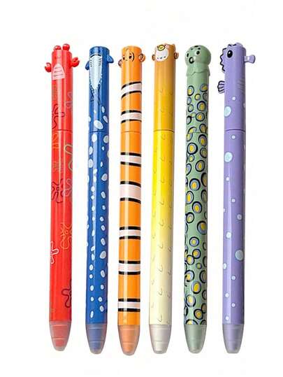 6支海洋动物旋转笔套装，创意设计，书写流畅，带橡皮擦，适合学生、家庭和办公室使用，是馈赠佳品。