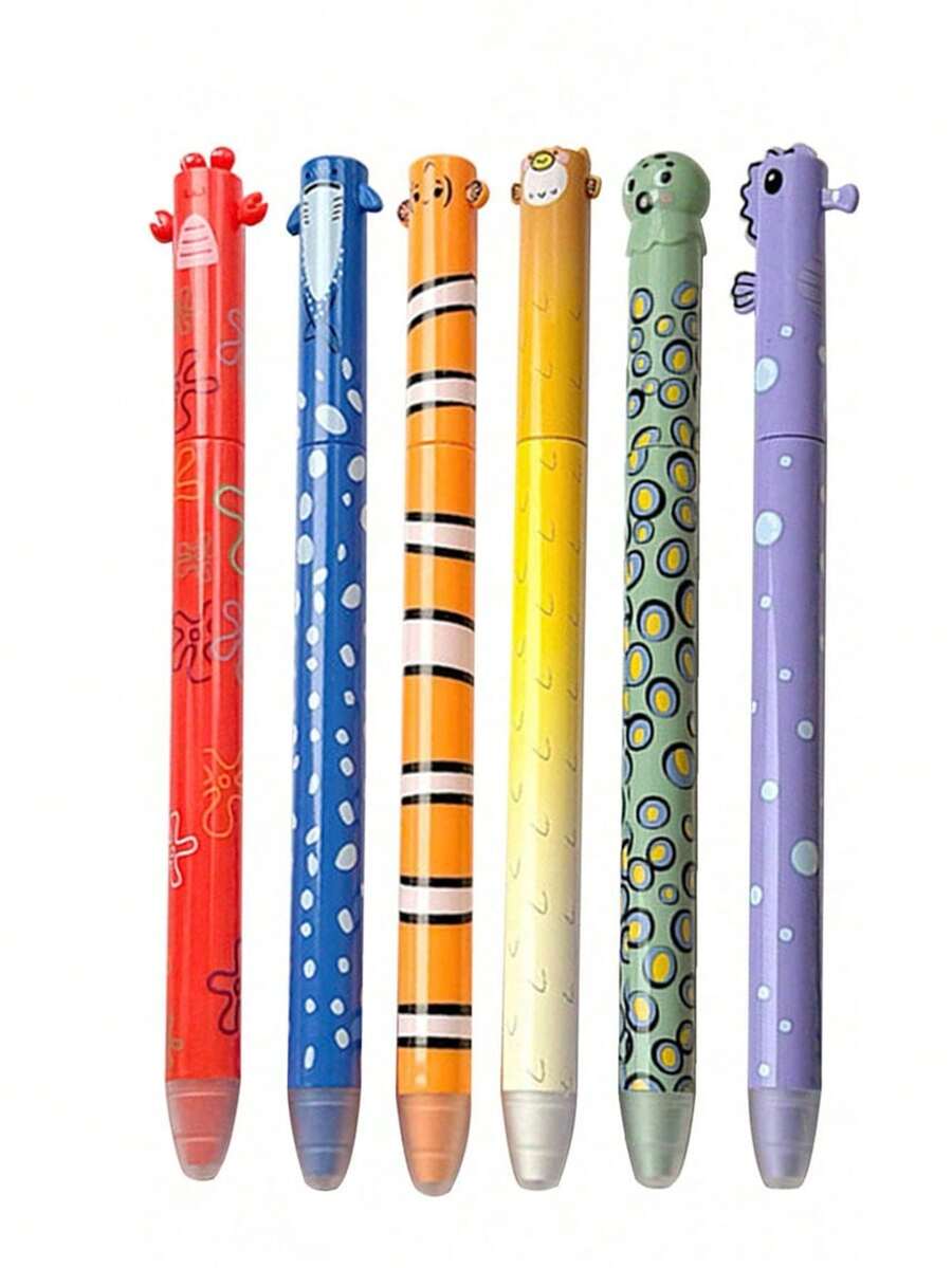 6支海洋动物旋转笔套装，创意设计，书写流畅，带橡皮擦，适合学生、家庭和办公室使用，是馈赠佳品。 - 彩色 - 查看 1