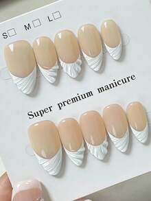 10片纯手工制作的长杏仁形美甲贴片，白色和香槟色，带有立体贝壳图案，法式可爱时尚，Y2K风格，柔和闪光，适合女性和女孩，春夏秋冬，节日和日常生活均可使用。 - 白色 - 查看 2