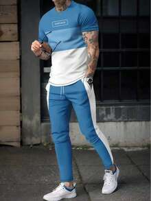 Men's Color Block Print Casual Business Short Sleeve Top And Pants Set - Blue - View 2
