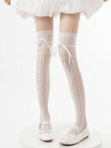 1 đôi tất mỏng cao đến đầu gối mùa xuân/hè, tất giữ ấm chân kiểu ba lê đan chéo, tất cao đến đầu gối thắt nơ Lolita, tất lưới khoét đùi, tất không lộ cổ chân, tất cao, tất ống thẳng - Nhiều màu - Xem 9