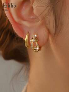 Hihho 2 Sets Of Exquisite And Unique Shiny Earring Sets, Featuring Various Designs Such As Plain Hoops, Butterflies, Flower Clusters, And Chains. Versatile Jewelry Earrings Suitable For Daily Commute Or Vacation - Yellow Gold - View 6