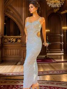 [Hot New Arrivals Spring/Summer 2026] Solid Color Spaghetti Straps Pearl Sequins Decoration Hollow Slit Elegant Slim Long Dresses Women Exquisite Ceremony Big Size Wedding Prom Party Spring - trắng - Xem 11