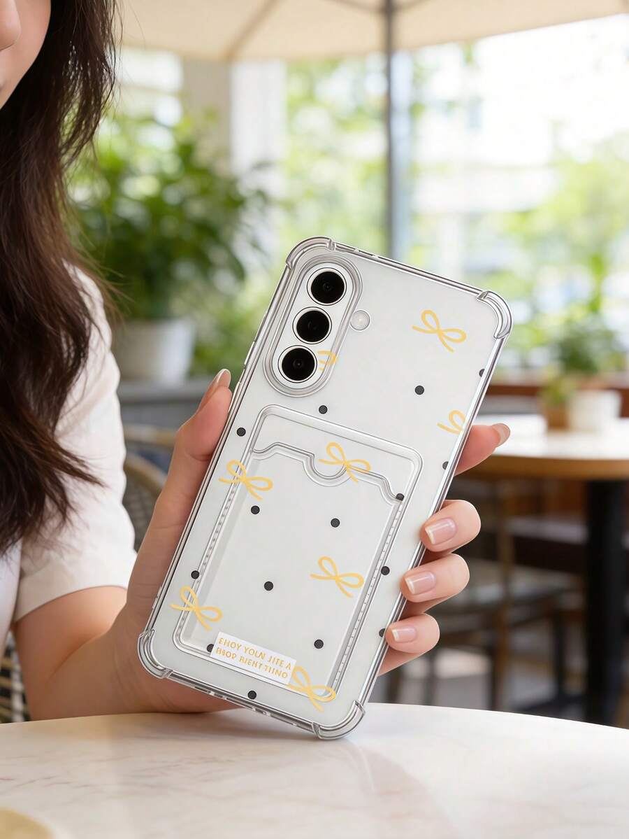 Bow-Knot 1pc Cute Yellow Bow Polka Dot Slogan Pattern Transparent Anti-Fall Airbag Integrated Card Slot Phone Case Compatible With Apple 17 Promax 17Air 17Pro 17 16 Promax 16 Plus 16 Pro 16 15Promax 15 Plus 15Pro 15 14Promax 14Plus 14 Pro 14 13Promax 13 Pro 13 12Promax 12Pro 11 Promax 11 Pro 11 XSMAX XR X/XS 7Plus 8Plus/Galaxy S10 S21 S22 S23 S24 S25 S26 Note20 - Clear - View 1