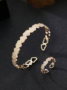 1 Set Fashionable & Elegant Cubic Zirconia Heart Bracelet & Ring Set, Gold-Plated Bracelet & Ring, Silver-Plated Bracelet & Ring, Dual Color Options, Hand Jewelry, Jewelry, Suitable For Daily Wear, Ideal Gift For Valentine's Day, Eid Al-Adha Distribution, Eid Al-Fitr Giveaway - Love - View 1