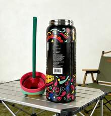 Owal'a32OZ/945ml Outdoor Sports Water Bottle, Double-Layer Vacuum Insulated Portable Drinking Cup, Travel Ice Coffee Cup, Summer Drinking Ware. It Has A Handle And A Straw, Which Is Very Suitable For Travel, Home Use, And Office Use. It Is Suitable For Small Sipping, Chilled Beverages And Hot Drinks In Summer. - Sugar Skull - 32oz - View 2