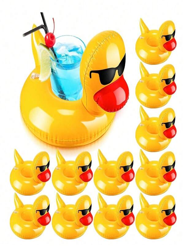 1 pieza Soporte inflable para bebidas con diseño de pato amarillo lindo, diseño portátil a prueba de fugas, adecuado para fiestas en la piscina, piscina en casa, playa, parque acuático, vacaciones, fotografía, picnic de verano, flotadores inflables para bebidas con forma de pato amarillo, soporte para tazas de piscina de PVC resistente con diseño de pato de dibujos animados, estante inflable plegable para bebidas en el agua, regalo