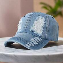 Women Men Baseball Cap, Vintage Denim Hat Ripped Adjustable Sun Visor Hat For Casual Daily - Blue - View 4
