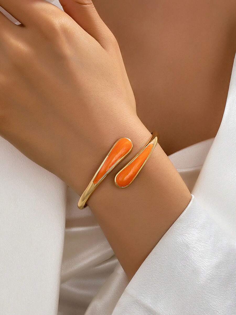 1pc Fashionable New Elegant Versatile Gold-Plated & Resin Orange Water Drop Shaped Bracelet For Women - Orange - View 1