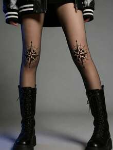 1双航海罗盘图案连裤袜，性感酷炫黑色丝袜，创意膝盖图案黑色连裤袜，夏季防勾丝薄款丝袜 - 彩色 - 查看 8