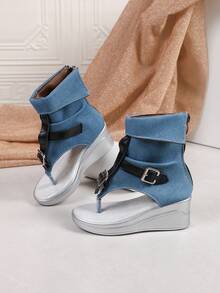 1 đôi sandal đế xuồng kiểu retro cho bé gái, thiết kế khóa kéo, thời trang cá tính. - Màu xanh lam - Xem 6