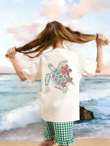 Girls Sea Turtle Floral 2 Piece Outfit, Beachy Short Sleeve Tee & Gingham Ruffle Shorts Set, Summer Casual Wear - 杏色 - 查看 2