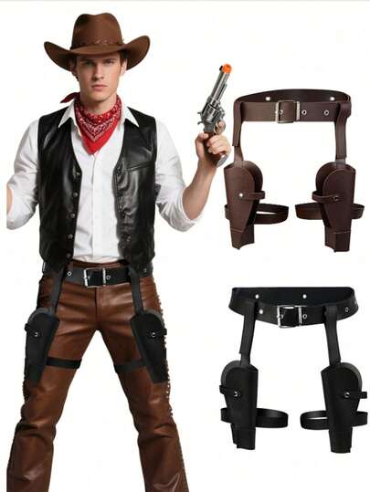 Western-Style Pistol Belt, Adjustable PU Leather Holster, Gothic-Style Double Holster, Suitable For Renaissance Stage Plays, Holiday Costumes, Halloween Medieval Sword Sheath Costumes, And Autumn/Winter Accessories.