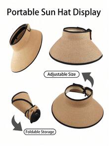Women's Beach Tote Bag Set, Includes "BEACH" Canvas Bag, Khaki Wavy Beach Sun Hat, Tote Bag, Cosmetic Bag, Wide Brim Sun Hat, Bow Outdoor Travel Hat, Suitable For Spring/Summer Beach Use, Adjustable - Multicolor - View 10