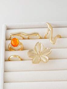 5 pièces Ensemble de bagues fleuries en faux gemmes orange exagérées personnalisées pour femmes, design ouvert réglable, convient pour le port quotidien, les sorties, les fêtes, la superposition - Or jaune - Voir 5