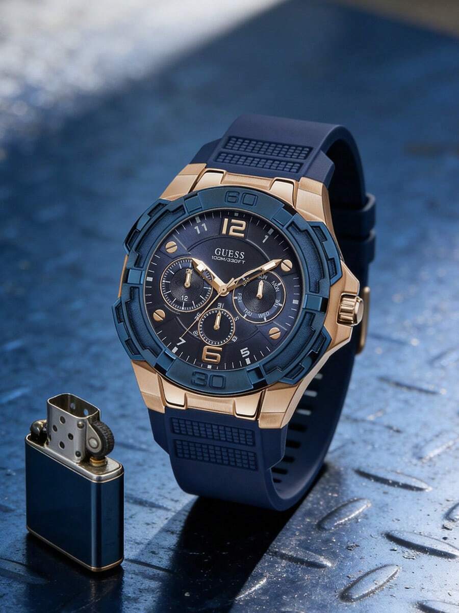 Guess Đồng hồ nam UESS Genesis mặt xanh dương, dây đeo cao su mạ vàng hồng W1254G3 - Màu xanh lam - Xem 1