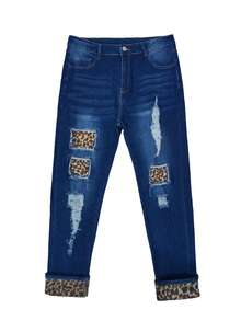 Plus-Size Women's Dark Blue Washed Distressed High-Waisted Slim-Fit Jeans With Ripped Leopard Print Patches And Rolled-Up Cuffs. A Versatile And Retro-Style Casual Trouser. - 藍色 - 查看 7