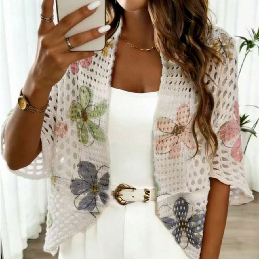 Cárdigan de punto abierto con estampado floral, estilo de vacaciones minimalista, color rosa, primavera - Rosa - Ver 1