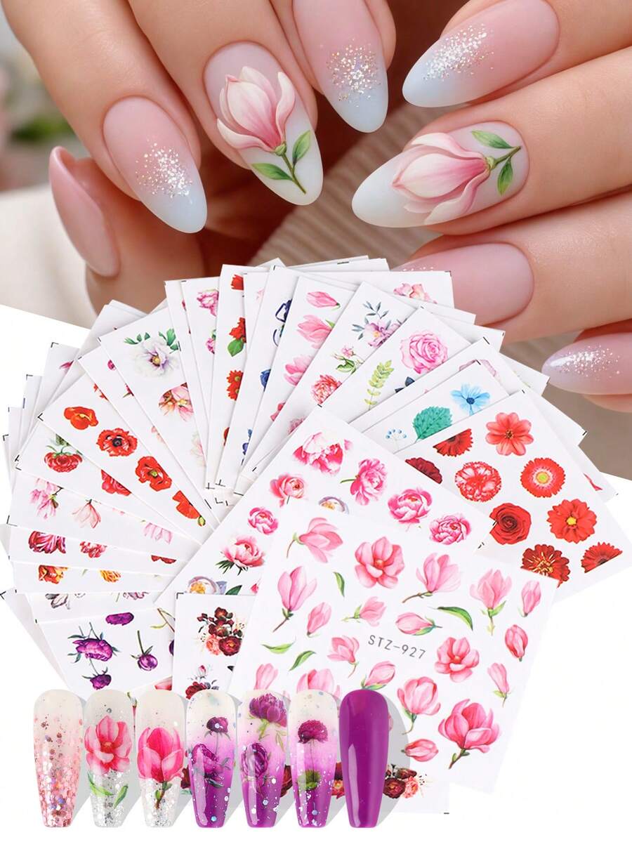 24片粉色花朵水转印美甲贴纸,彩色百合、玫瑰、雏菊、向日葵美甲贴花,DIY美甲沙龙家用美甲用品 - 彩色 - 查看 1
