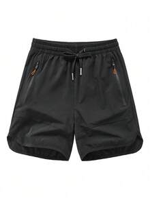 Men's Pants, Summer Solid Color Minimalist Lightweight Quick-Dry Breathable Sports Shorts, Fashionable Drawstring Design Casual Comfortable - Black - View 4