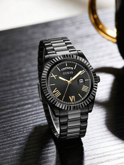 Guess Men's Classic Quartz Watch, Black Stainless Steel Alloy Strap, Textured Bezel Design, Gold Roman Numeral Dial With Date Display, Retro Business Casual Style, Suitable For Formal Business And Daily Casual Wear