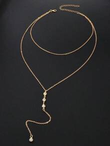 Rhinestone Decor Y Lariat Necklace - Yellow Gold 2 - View 3
