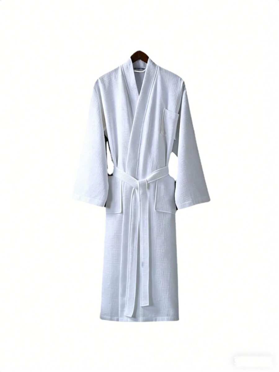 1pc Waffle Weave Solid Color Shawl Collar Bathrobe, Loungewear Robe, Soft Absorbent Cotton For Bathroom, Bedroom, Pool - White - View 1