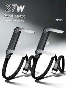 2pcs/1pc 2-In-1 Multifunctional Data Cable, Max 27W Fast Charging With Stand, Nylon Braided Material, Supports Rapid Charging, Built-In Phone Stand, T-Shaped Foldable Design, USB-C To Lightning Interface, Suitable For IPhone 14/13/12/11/XS/9/8 - Great For Home, Office And Travel Use - Black - View 2