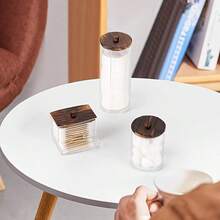 1/3 Packs Cotton Swab/Ball/Pad Holder, Apothecary Jar, Clear Bathroom Containers Dispenser For Storage Box Bathroom Storage Organizer Brown Wood Lids - Multicolor - View 3