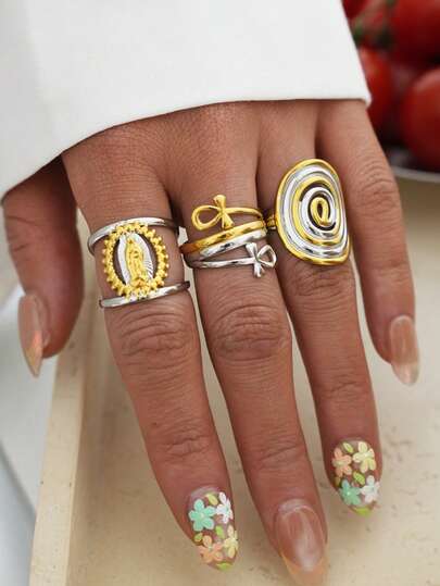 Bộ 3 nhẫn/1 nhẫn nữ bằng thép không gỉ 18k hai tông màu, với thiết kế hình thánh giá xoắn ốc và hình Đức Mẹ Maria. Nhẫn dày, có thể xếp chồng lên nhau, chống thấm nước và không gây dị ứng, mang phong cách Bohemian tôn giáo, phù hợp để đeo hàng ngày, dự tiệc và các dịp khác. Cũng là một món quà tuyệt vời dành cho phái nữ.